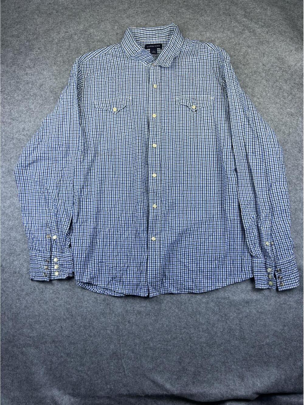 Pearl Snap Western Shirt Land's End Long Sleeve Men's Size XL Cowboy Farm Wear